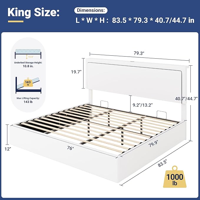 Allewie King Size Lift Up Storage Bed Frame with Charging Station & LED Lights, Adjustable Velvet Upholstered Storage Headboard, Type-C & USB Ports, Hydraulic Support, No Box Spring Needed, White