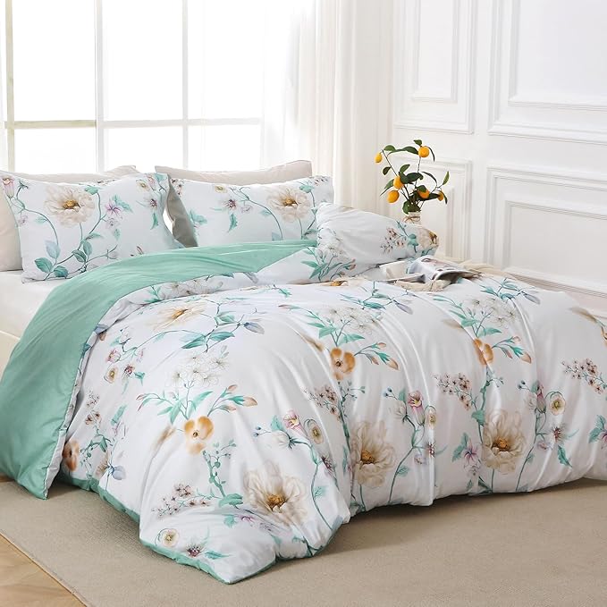 MUXHOMO Duvet Cover Queen Size, Reversible Floral Vintage Duvet Cover Set with Zipper Closure, 3 Pieces Botanical Patterns Soft Microfiber Bedding Set (90"x90", 2 Pillow Cases, Colorful Green Branch)