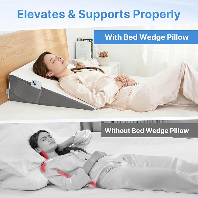 Vekkia 24" x 24" x 7.5" Bed Wedge Pillow for Sleeping – Triangle Pillow for Sleep Apnea, Acid Reflux, Snoring & Back Support, Washable Cover