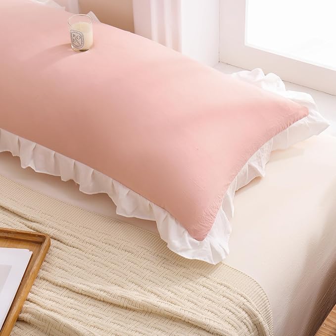 Merryword Pink Body Pillow Cover 20x54inches Reversible Long Pillowcase Ruffled Body Pillowcases Cute Pillowcase Pillow Sham (1 Body, Pink White)