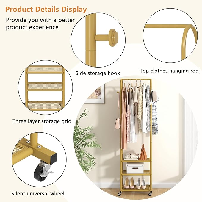 Kaitiemoo Heavy Duty Clothing Rack with Wheels,Modern Garment Rack with 3 Metal Shelves, 71.8Inches Display Rack for Hanging Clothes, Hanging Rod for Small Space,Gold