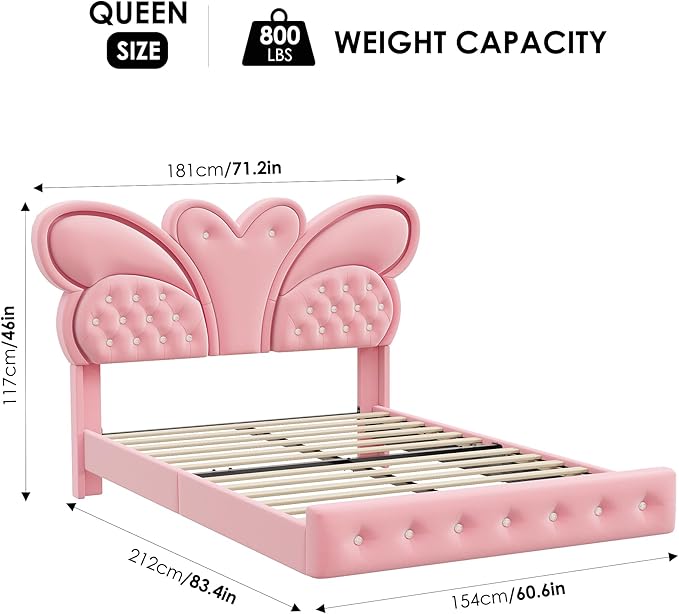 Keyluv Queen Bed Frame Butterfly-Pattern Upholstered Headboard, Modern Floating Bed with LED Lights Button Tufted on Headboard and Footboard, Slats Support No Box Spring Needed, Noise-Free, Pink