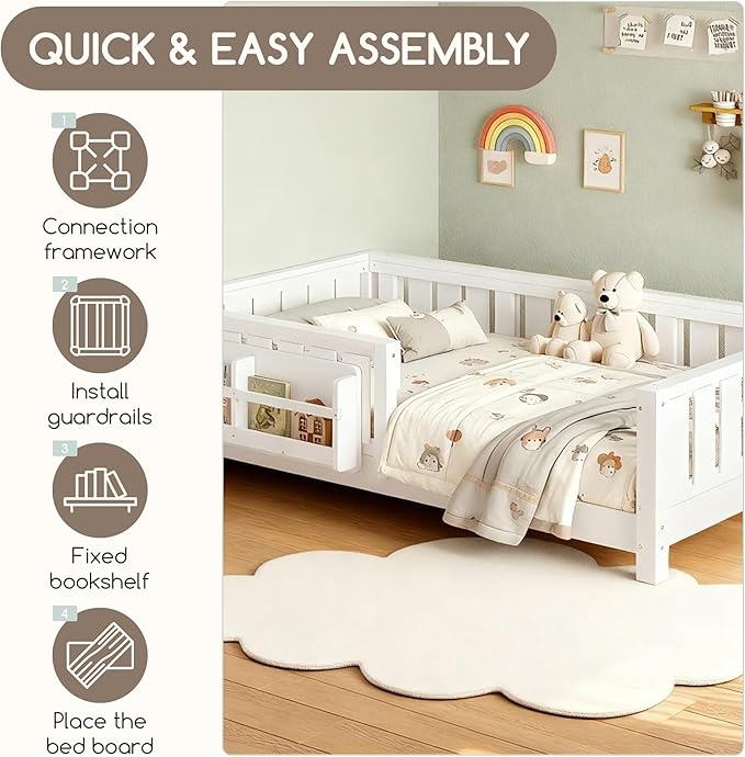 Bellemave Twin Floor Bed Frame with Fence & Bookshelf, Solid Pine Wood Twin Montessori Floor Bed with Slats Load 300LBS, Low Profile Floor Bed for Kids, Bedroom, Nursery, Easy Assembly, White