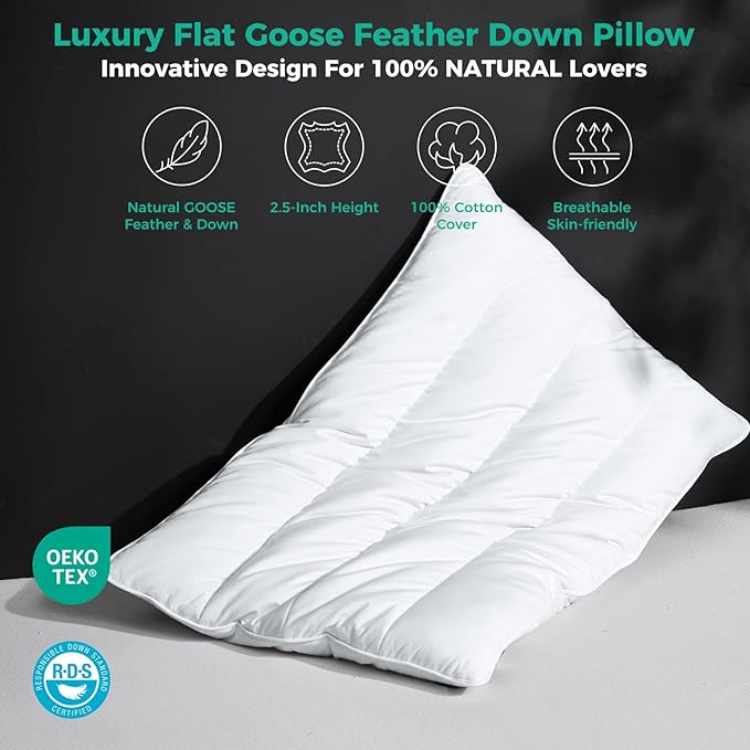 Three Geese Luxury Natural Flat Thin Goose Feather Down Pillows Standard Size, 2.5" Height, 100% Organic Cotton Cover, Medium Firm Hotel Collection Ultra Slim Thin Bed Pillows, Machine Washable