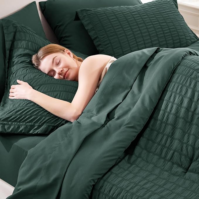 CozyLux Queen Comforter Set Forest Green Seersucker 7 Pieces Bed in a Bag Queen Comforter Set with Sheets, Luxury Bedding Sets with Down Alternative Comforter, Sheets, Pillowcases & Shams All Season