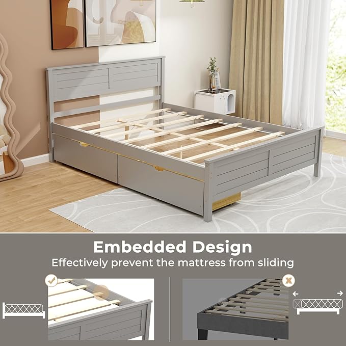 Giantex Wood Full Size Bed Frame with 2 Storage Drawers, Solid Wood Platform Bed with Headboard, Wooden Slats Mattress Foundation, No Spring Needed, Full Bed Frame for Kids, Teens, Adults, Grey