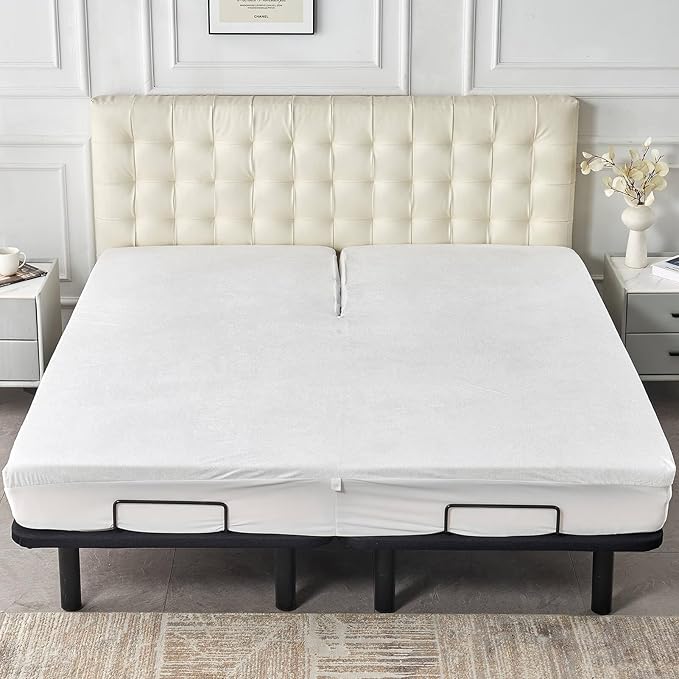 Kingnex Waterproof Partial Split Top Cal King Mattress Protector for Adjustable Bed with 28-30" Upper Flex Head Noiseless Soft Bamboo Viscose Terry Fitted Mattress Cover