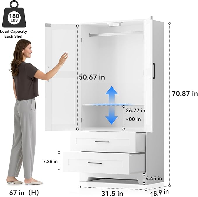 Wooden Armoire Wardrobe Closet with Drawers, Bedroom Armoires with Door and Shelves, Freestanding Wardrobe Clothing Storage Cabinet with Hanging Rod for Bedroom, Laundry Room, Cloak Room （White）