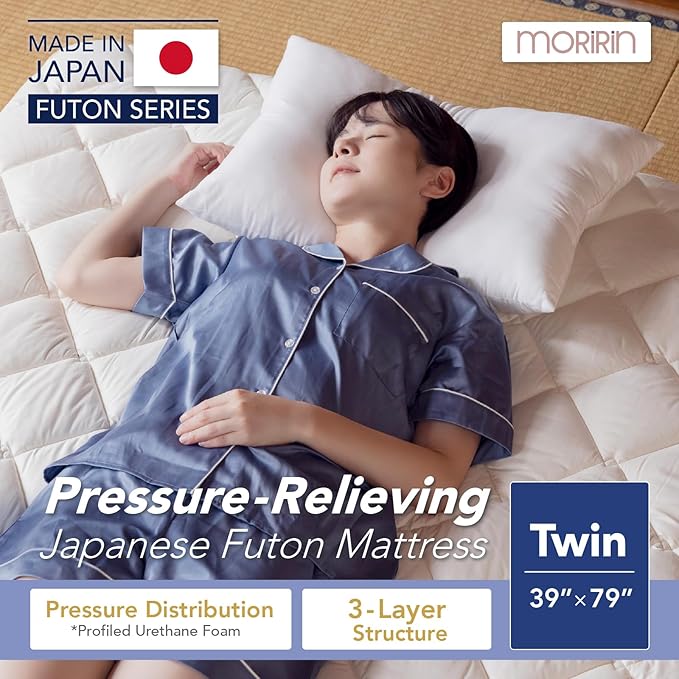 MORIRIN Japanese Floor Futon Mattress (Shikibuton) with Body Pressure Dispersion, Made in Japan, Twin
