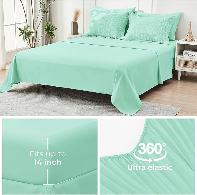 HYMOKEGE Mint Green California King Comforter Set Seersucker 7 Pieces, All Season Luxury Bed in a Bag for Bedroom, Bedding Set with Comforter, Sheets, Pillowcases & Shams
