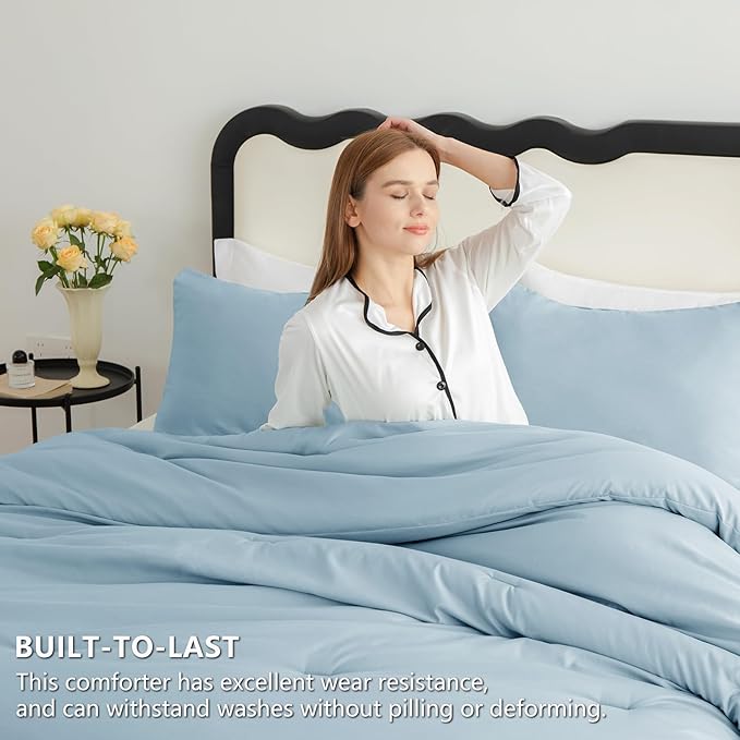 CozyLux Full Size Comforter Set Light Blue, 3 Pieces Solid Breathable Quilted Bedding Sets, Luxury Lightweight Soft Bed Set with Down Alternative Comforter and 2 Pillowcases for All Seasons