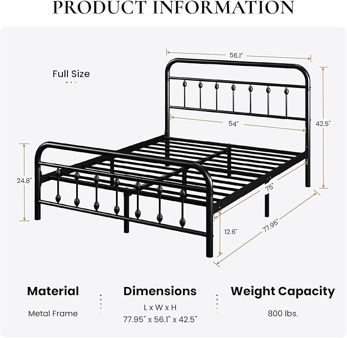 SHA CERLIN Full Size Metal Platform Bed Frame with Victorian Style Iron-Art Headboard and Footboard, Easy Assembly, Under Bed Storage, No Box Spring Required, Black