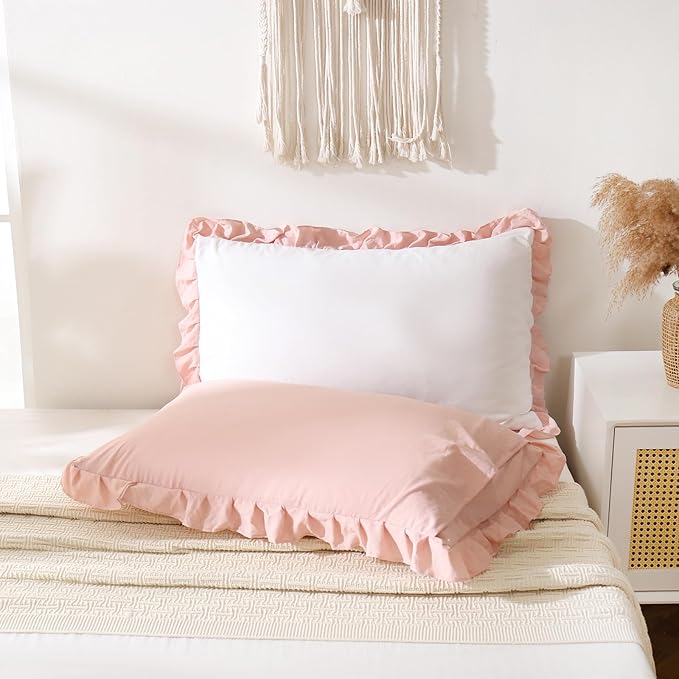 Merryword Pink Pillow Shams White and Pink Reversible Standard Pillowcases Cute Pillow Cover Set of 2 Soft Shabby Chic Ruffled Pillowcases 2 Pack (Queen (20''x30''), White Pink)