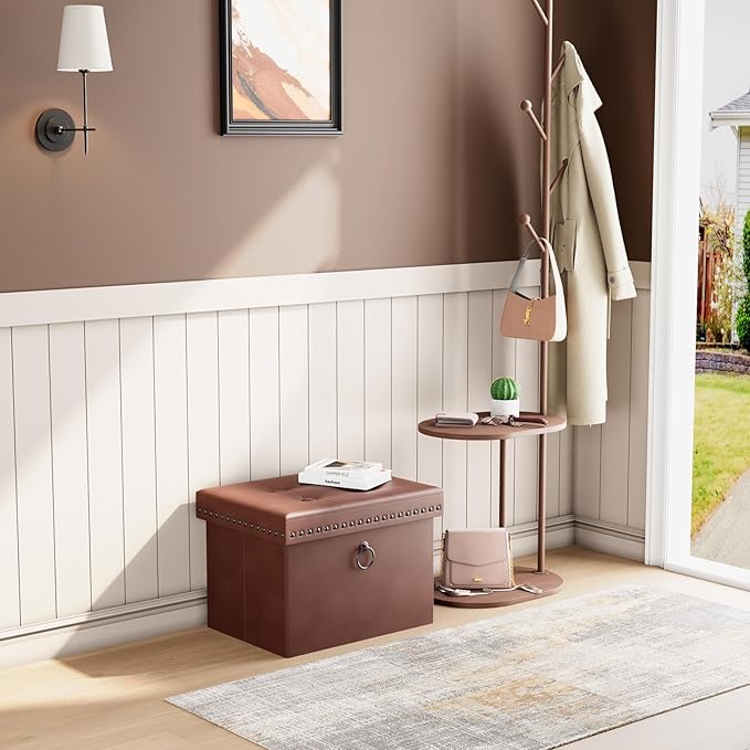 Ottoman Faux Leather Storage Ottoman Bench, Rectangular Storage Ottoman for Bedroom End of Bed, Brown Leather Footrest Ottoman with Toy Blanket Storage 16" D x 12" W x 12" H (Small)