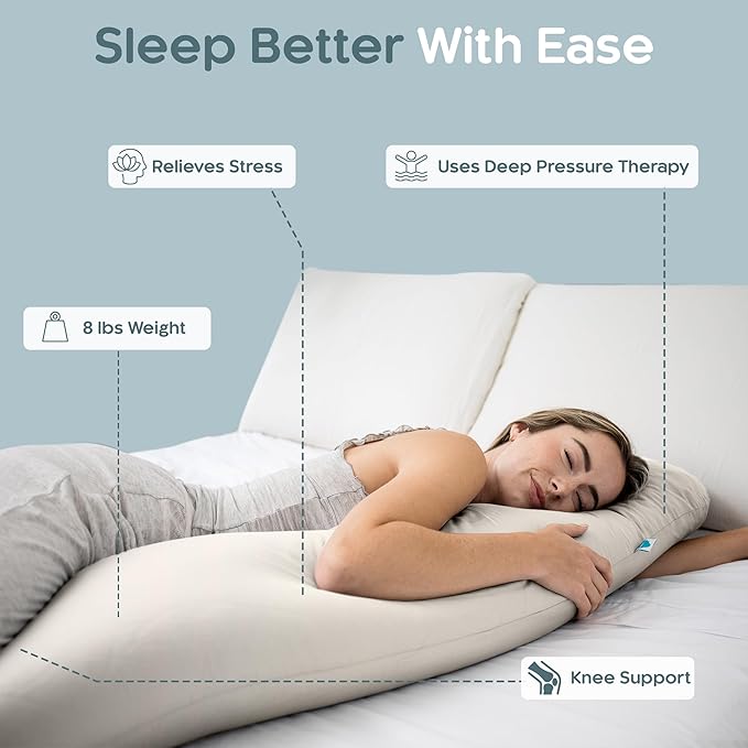 SleepCloud Weighted Body Pillow 8lbs - Weighted Pillow for Deeper Sleep (48" x 14") - Cooling Body Pillows for Adults, Side Sleeper Body Pillows with Cover (X-Large/Champagne)