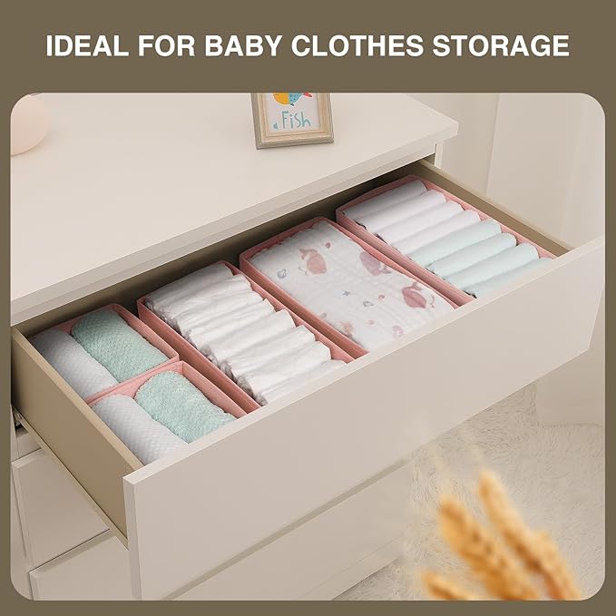 DIMJ Drawer Organizers for Clothing, Set of 4 Dresser Drawer Organizers, Fabric Closet Organizers and Storage, Drawer Dividers for Baby Clothes, Socks, Belt, Tie (Pink)