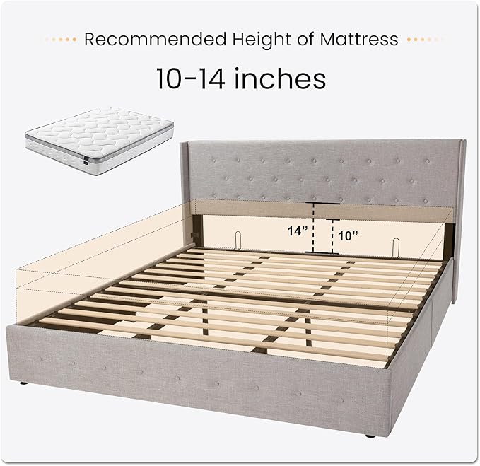 SHA CERLIN King Size Lift Up Storage Bed Frame,Button Tufted Wingback Headboard,Upholstered Platform,Hydraulic Storage,Wooden Slat Support,No Box Spring,Light Beige