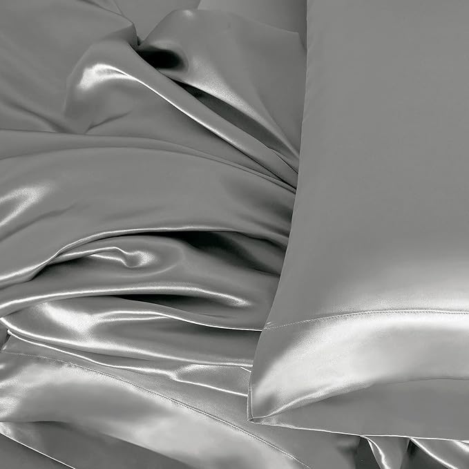 Homiest 4pcs Satin Sheets Set Luxury Silky Satin Bedding Set with Deep Pocket, 1 Fitted Sheet + 1 Flat Sheet + 2 Pillowcases (Queen Size, Light Grey)