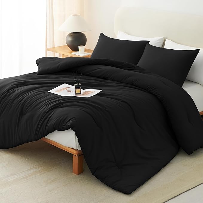 CozyLux Oversized King Comforter Set Black, 3 Pieces 120x98 Solid Breathable Quilted Bedding Sets for All Seasons, Luxury Soft Lightweight Bed Set with Down Alternative Comforter and 2 Pillowcases