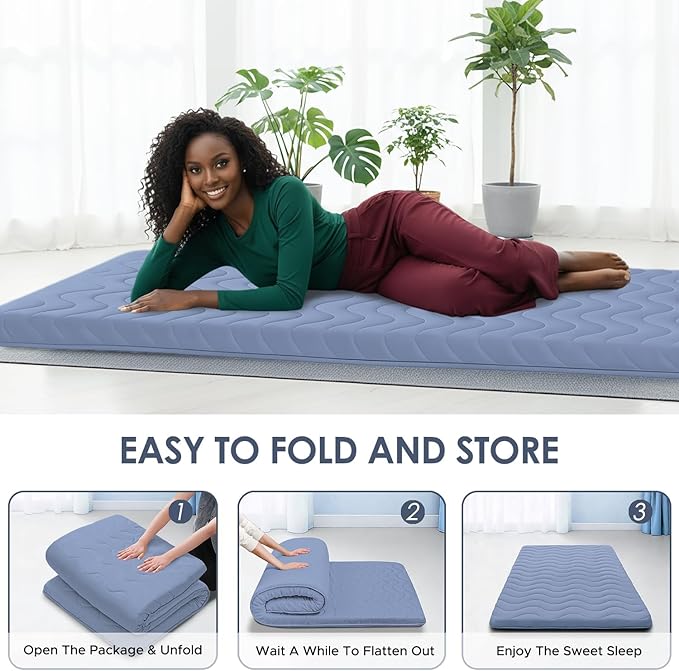 Japanese Floor Mattress, 100% High Density Comfortable Foam, 4" Thicken Foldable Mattress Tatami Mat Sleeping Pad, Ideal for Comfort and Support, Kids Floor Lounger Pillow Bed Sofa, Blue, Queen