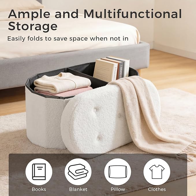 DUMOS Folding Storage Ottoman Bench, Oval Round Ottoman End of Bed Foot Rest Bench Stool with Cushion, Storage Chest for Bedroom, Living Room, Entryway, Dorm, Teddy Fabric, White