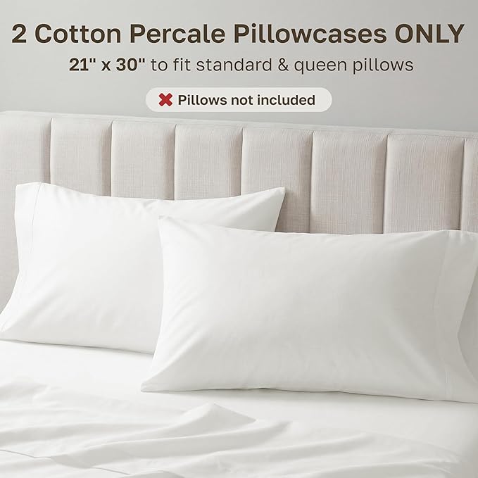 California Design Den Standard/Queen Size Pillow Cases Set of 2-100% Egyptian Cotton, Crisp Percale Feel, Soft & Breathable Cotton Pillowcases Queen & Standard - Ivory