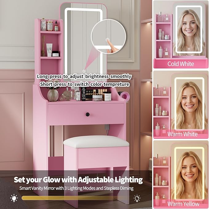 DUMOS Makeup Vanity Desk, Vanity Table Set with Mirror and Lights, Small Vanity with Storage Bench, Charging Station and Hair Dryer Holder, Dressing Table with Drawer and Three Shelves, Pink