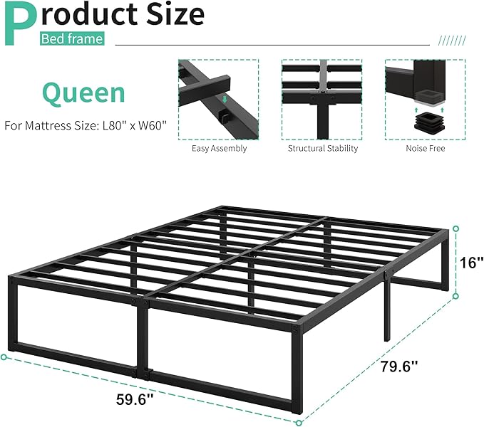 Lutown-Teen 16 Inch Bed Frame Queen Size Heavy Duty Steel Slat Support Metal Platform Queen Bed Frame No Box Spring Needed, Easy Assembly, Black