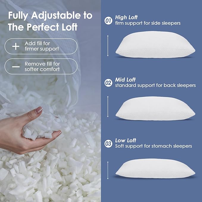 Cooling Adjustable Memory Foam Pillows King Size Set of 2, Bamboo Firm Pillow w/Washable Zippered Cover, Luxury Bed Pillow for Side, Back and Stomach Sleeper, CertiPUR-US Certified Foam