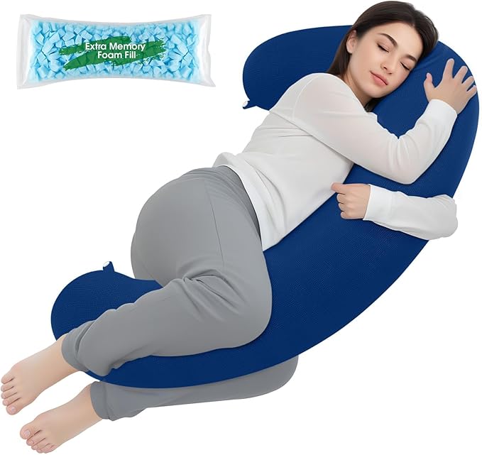 TranquilRelax C Shaped Body Pillow for Side Sleepers, Memory Foam Long Pillow for Leg, Hip & Back Support, Soft Washable Cover,Navy Blue-47"*10"