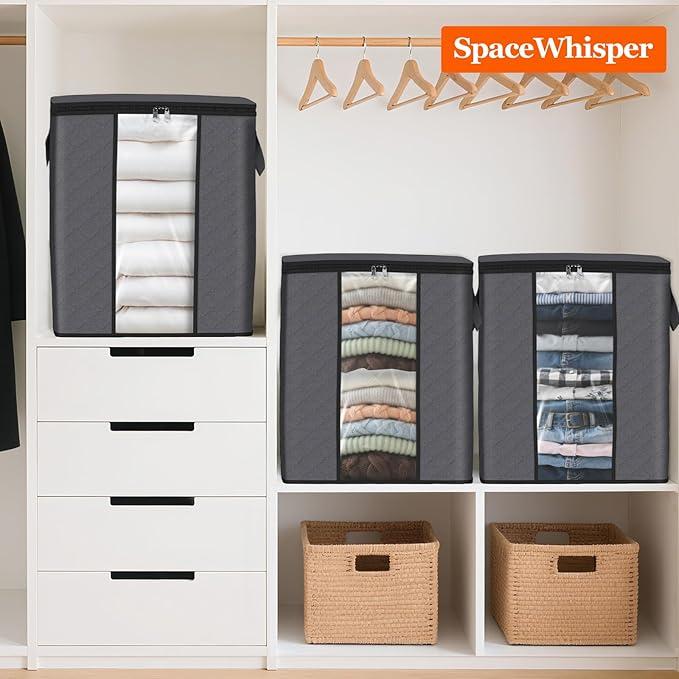 SpaceWhisper 8 Pack 100L Clothes Storage, Foldable Thick Fabric Blanket Storage Bags, Containers for Organizing Bedroom, Closet, Clothing, Comforter,Closet Organization with Handle,Grey