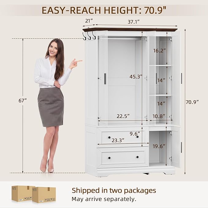 YESHOMY Armoire Wardrobe Closet with Drawers, 70.9" H x 21.1" D Wooden Closet with Hanging Rod, Fixed Shelves & Bottom Cabinet, Soft-Close Doors, Ball-Bearing Slides (White (Walnut Top))