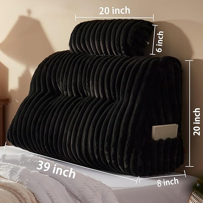 Rycwola Faux Fur Headboard Pillow with 1 Pack Neck Roll Pillow Large Headboard Pillow Soft and Supportive with Removable Cover (Black, Twin)