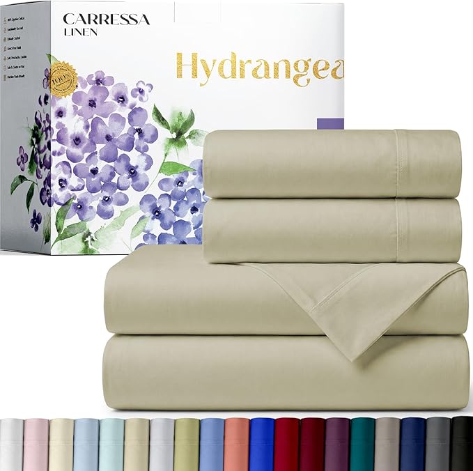 Carressa Linen California King Egyptian Cotton Sheet Sets - 600 Series Hydrangeas Collection Cal King Cotton Sheet Set (4 PC, Sand),16" Deep Pocket Sateen Weave Luxury Hotel Bed Sheets