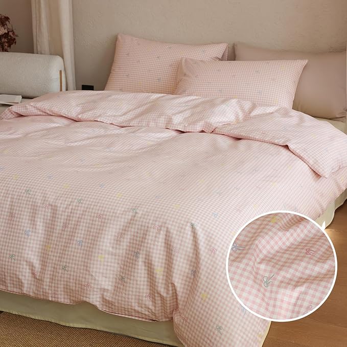 mixinni Gingham Duvet Cover King Size, 100% Cotton Light Pink and White Gingham Bedding Set for Girls, Cute Bow Print Soft Aesthetic Cottagecore Bedding 3 Pieces (1 Duvet Cover + 2 Pillowcases)