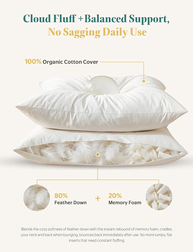 APSMILE Organic Cotton Goose Feather Down Plus Throw Pillow Inserts, 22x22 Inch Set of 2, Soft Supportive Square Decorative Pillow Forms for Couch, Sofa, Bed