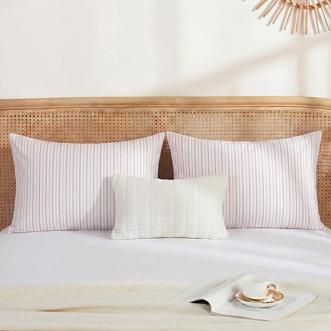 Merryword Standard Size Pillowcases, 100% Cotton Pillow Cases, White & Pink Striped Pillowcases, Soft Breathable Ticker Stripe Pillow Covers, Set of 2