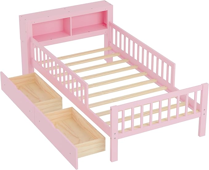 Bellemave Twin Bed Frames with Rails for Kids, Twin Bed Frame with Storage Drawers and Headboard Storage Rack for Kids，Pink