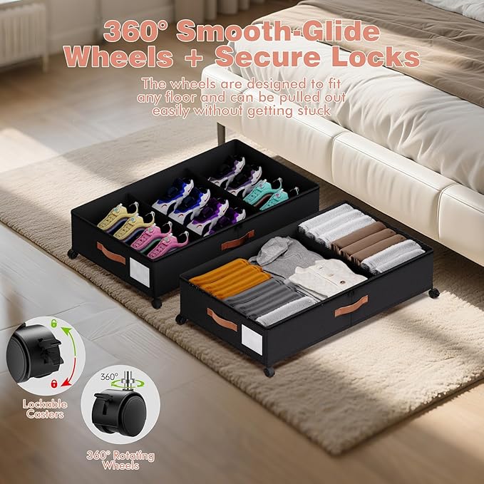 Under Bed Storage 2 Pack 66L, Rolling Containers with Wheels, Heavy Duty Metal Frame, 600D Oxford Fabric, Clear Lid, Adjustable Dividers for Clothes Shoes Blankets, Dorm Space Saving, Black