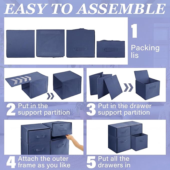 Weysat 4 Cube Stackable Under Dorm Bed Storage Container Foldable Closet Drawer Organizer Fabric Storage Cube Bins for Dorm Essentials College Closet Bedroom Living Room Nursery(Navy Blue,17.72 Inch)