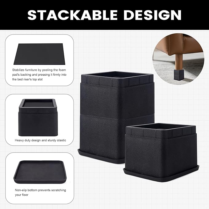 BTSD-home Adjustable Bed Risers 3 or 6 Inch - Heavy Duty Furniture Lifter Set of 4, Supports 2,200 lbs - for Under Bed Storage, Dorm, Bed Frame, Sofa, Table, Chair, Desk - Black