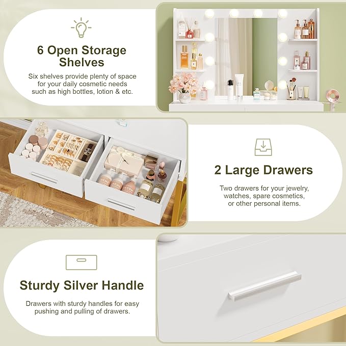 YESHOMY Vanity Desk with Mirror, Makeup Table with 2 Large Drawers, Power Outlet and Round Holder, 3 Color Modes Adjustable Bulb, Milk White & Gold Frame