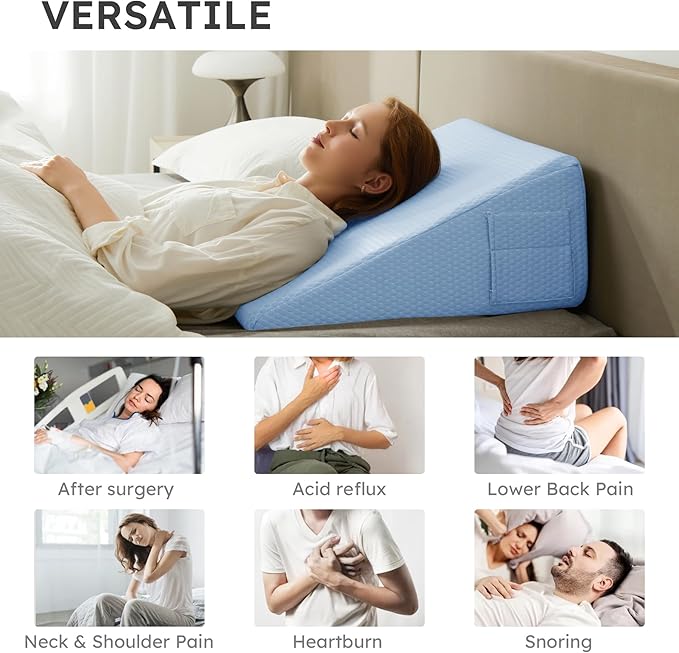 Bedluxe Wedge Pillow, 10 inch Bed Wedge Pillow for Headboard, Pillow Wedge for Acid Reflux Relief, Sleeping, After Surgery, Snoring, Gerd, Triangle Pillow Wedge - Cooling Memory Foam Top, Light Blue