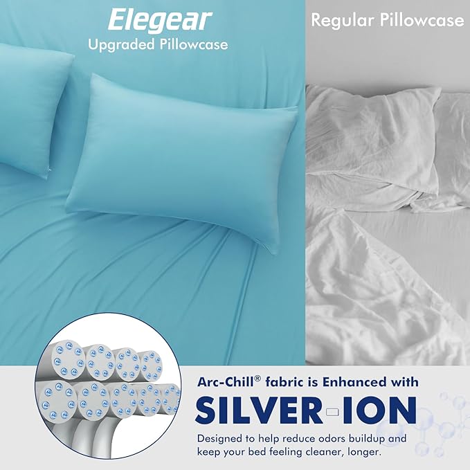 Elegear Cooling Pillow Cases for Hot Sleepers, Clean Fabric Silver Infused Cooling Pillowcase Q-Max>0.5, Soft Silky Pillowcases for Hair & Skin, Summer Zipper Pillowcase Cover Set of 2-Queen, Blue