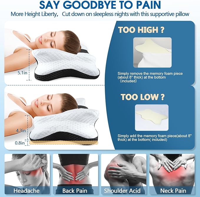 CHxxy Memory Foam Pillows, Cervical Pillow for Neck and Shoulder Pain Relief, Ergonomic Contour Bed Pillow, Soft for Side Sleep Stomach Sleeping and Back Sleeper-Queen Size&Black