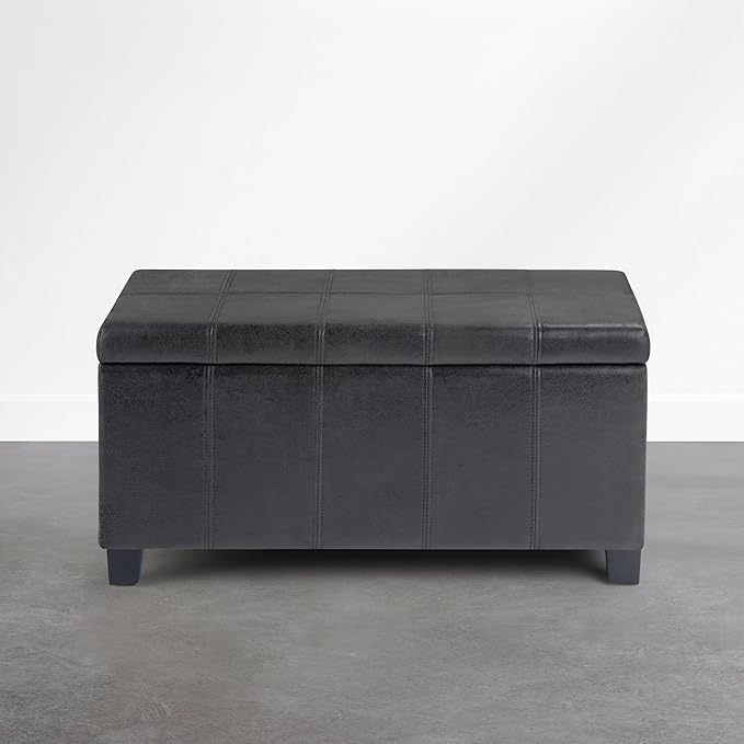 SIMPLIHOME Dover Storage Ottoman Bench - 36 inch Wide Upholstered Vegan Leather Rectangle Storage Ottoman Bench in Distressed Graphite Black, Contemporary Ottoman for Living Room with Lift-Up Lid