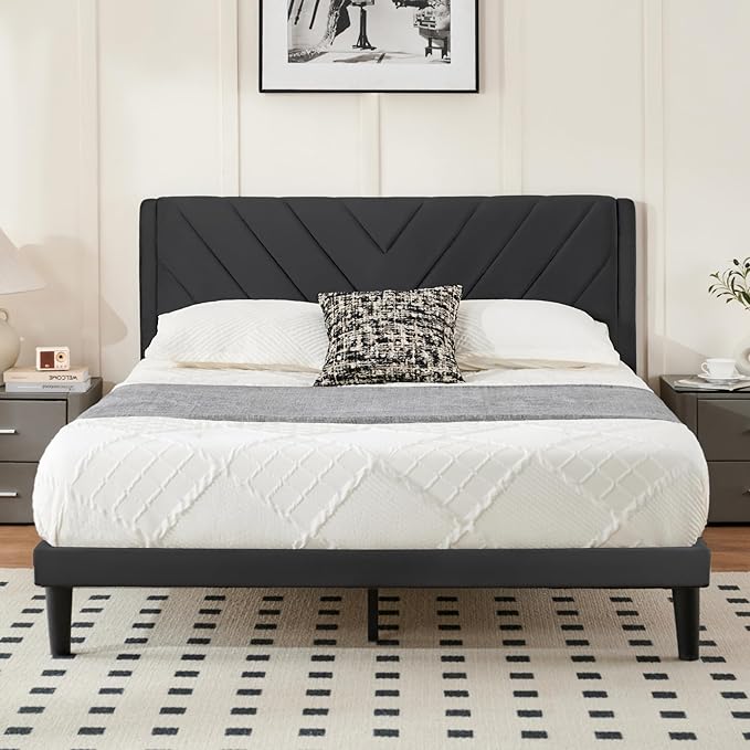 Full Bed Frame with Headboard, Bed Frame Full Size with Sturdy Wooden Slats Support, Platform Bed Frame with Velvet Upholstered Headboard, Mattress Foundation, Easy Assembly, No Box Spring Needed
