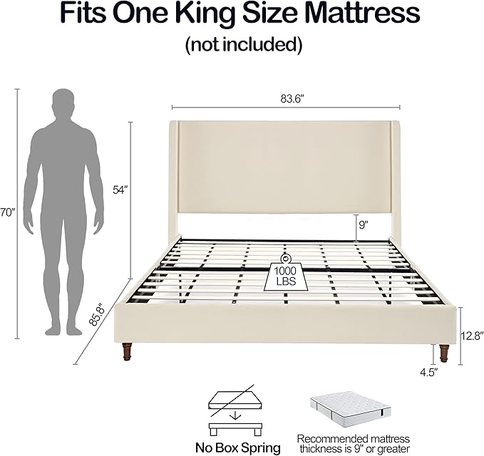 GDFStudio Tall Headboard Upholstered Bed,King Size Platform Bed Frame with Headboard Wingback,54" High No Box Spring Needed Easy Assembly Elegant Simplicity Ivory Boucle