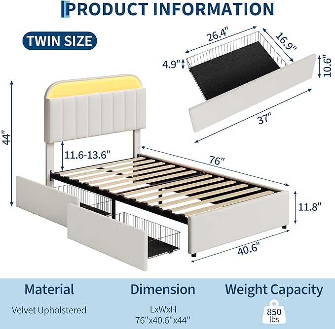 GarveeHome Twin Bed Frame with Storage Headboard, Kids Bed Frame with 2 Drawers, Velvet Upholstered Platform Bed Frame with Lights, No Box Spring Needed, Easy Assembly, Velvet White