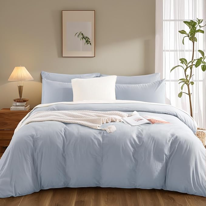 NEXHOME PRO Twin Duvet Cover Set, 100% Washed Cotton with Linen-Like Texture, Natural Organic, Breathable & Comfortable, Includes Home Bedding Set Cornflower Blue (No Comforter) 6890